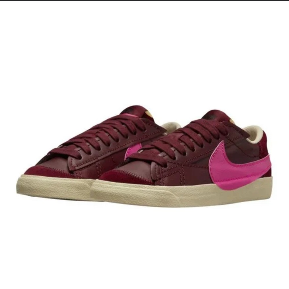 Nike Women’s Leather Low-Top Sneakers in Burgundy with Pink Swoosh